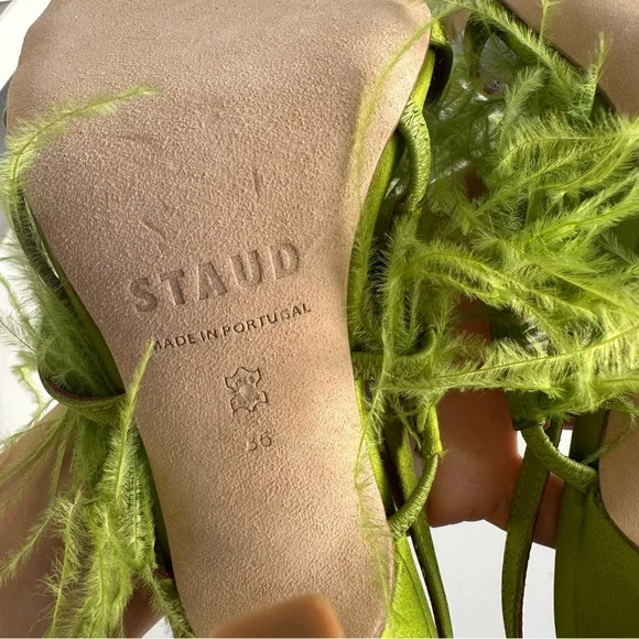 NWOT Staud Anise Feather-Trimmed Satin Heeled Sandals in Lime Green Size EU 36 - Picture 14 of 14